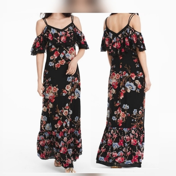 WHBM Black Elegant Boho Floral Embroidered Cold Shoulder Ruffled Maxi Dress Sz 6 - Picture 1 of 16